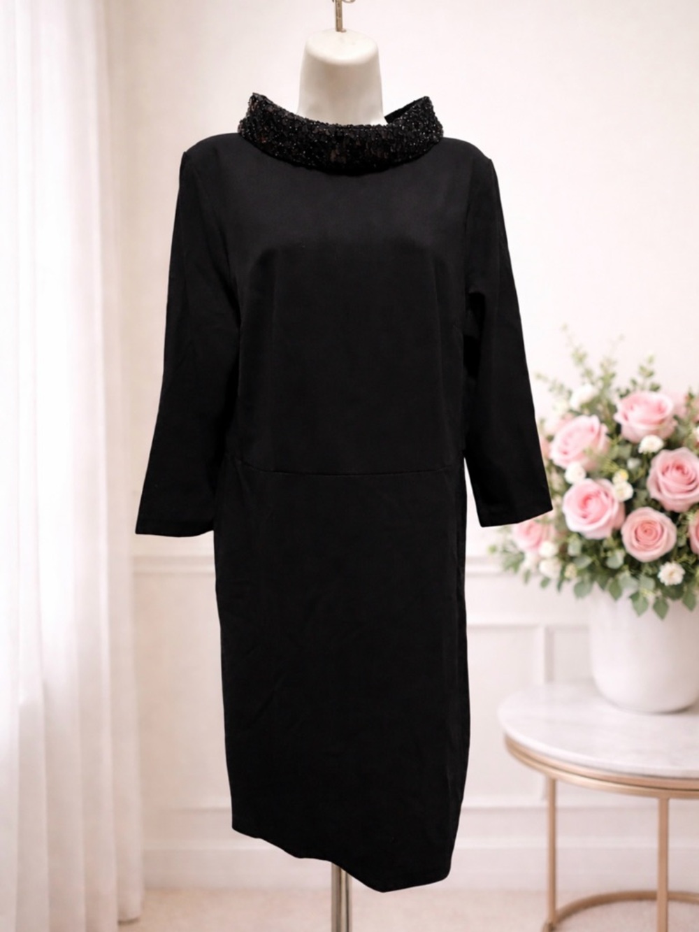 Talbots Black Long-Sleeve Shift Dress with Beaded Collar size 10